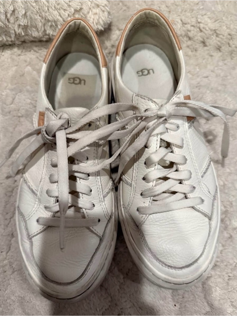 UGG White Leather Sneakers with Tan Heel Trim